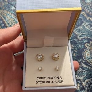 Elegant Gold and Silver Cubic Zirconia Earring Set Of 2
